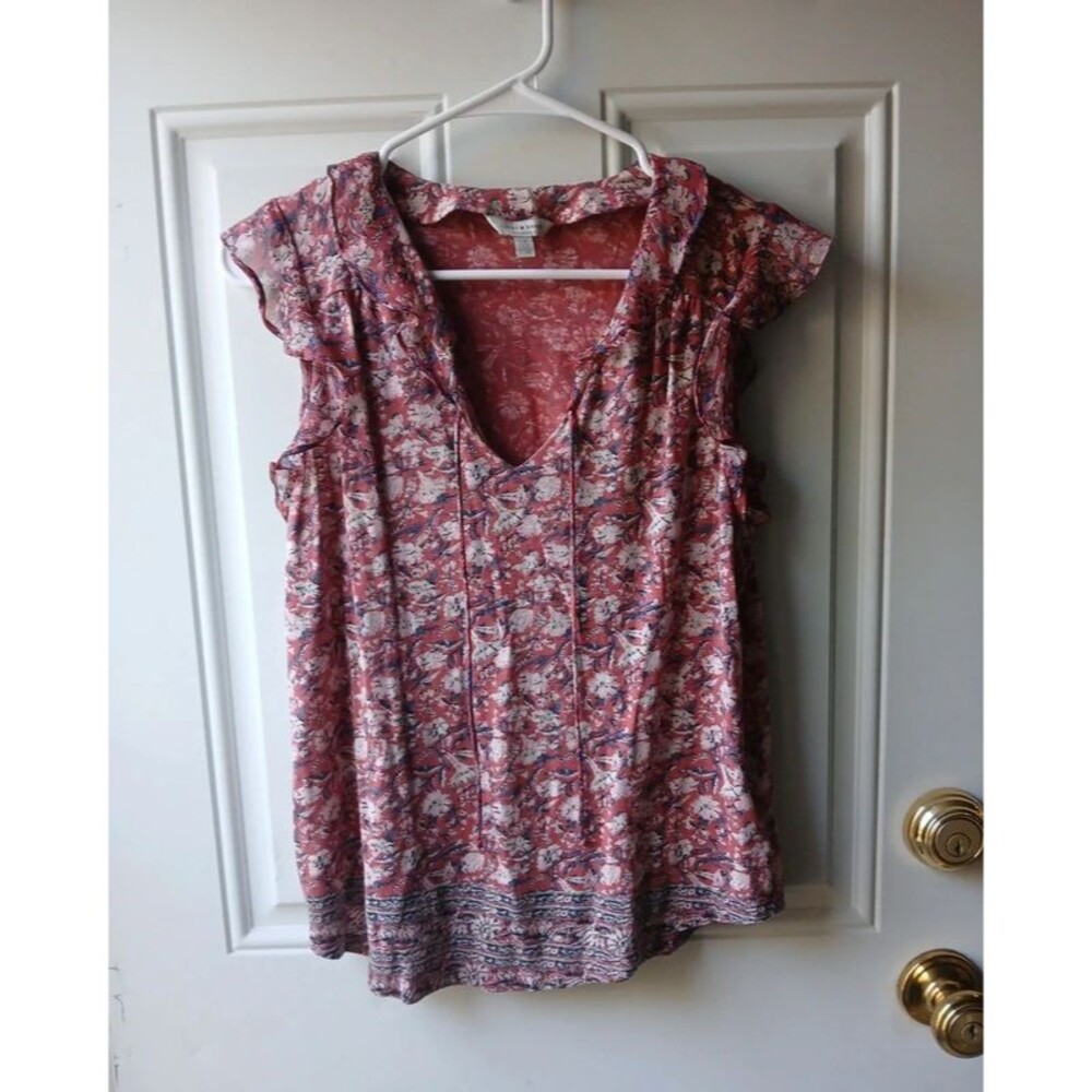 Lucky Brand Wonen's Small Rose Floral Scoop-Neck Flutter Sleeve Tunic